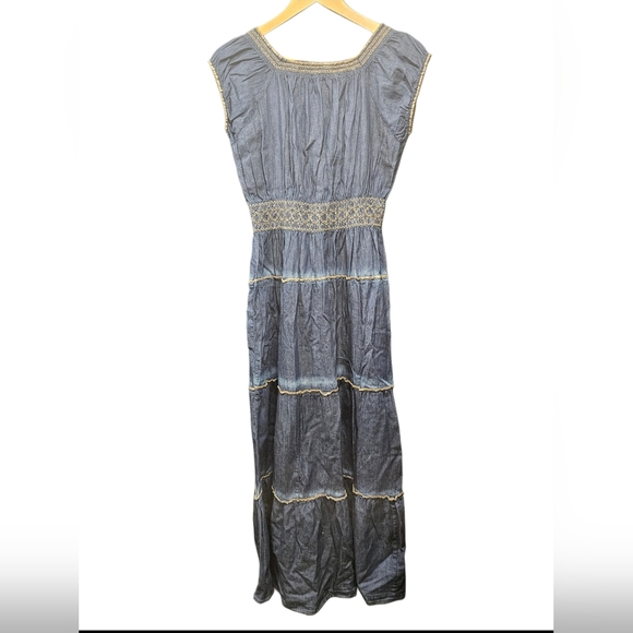 Indigo & Lace Boho Denim Smocked Maxi Dress - Tiered Western Prairie - Size S - Picture 3 of 6